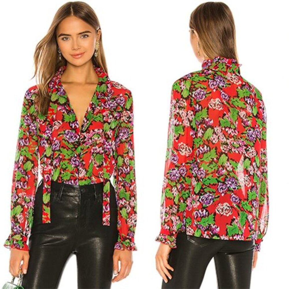 NEW Saloni Emile Silk Georgette Long Sleeve Cherry Red Floral Demask Blouse